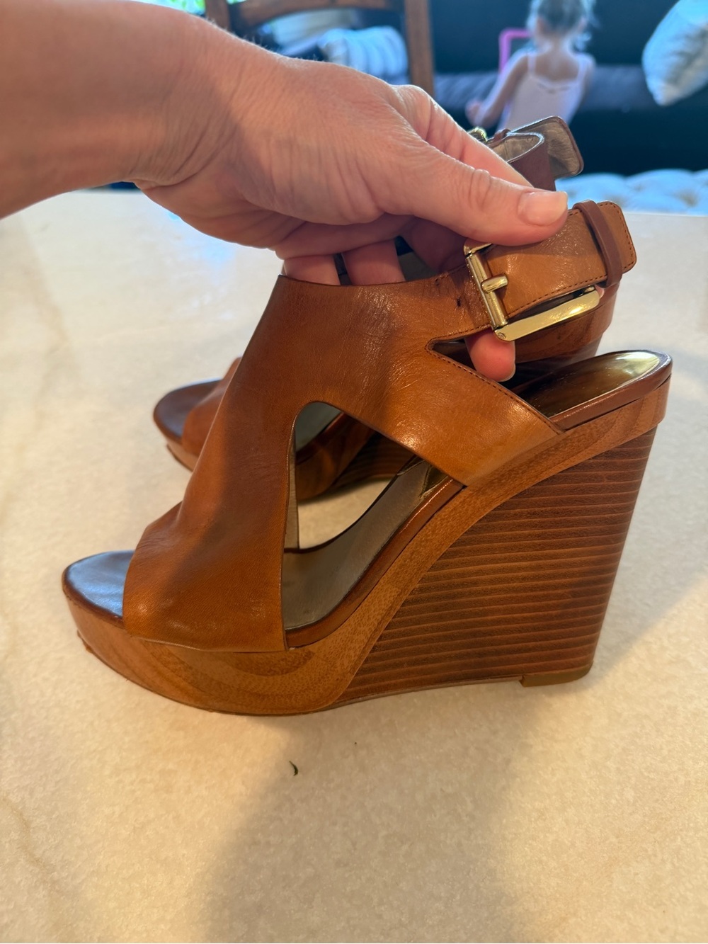 Michael Kors Cognac Leather Cutout Wedge Sandals with Gold Buckle